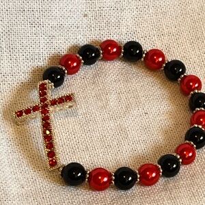 Glamorous Red and Black Beaded Cross Bracelet